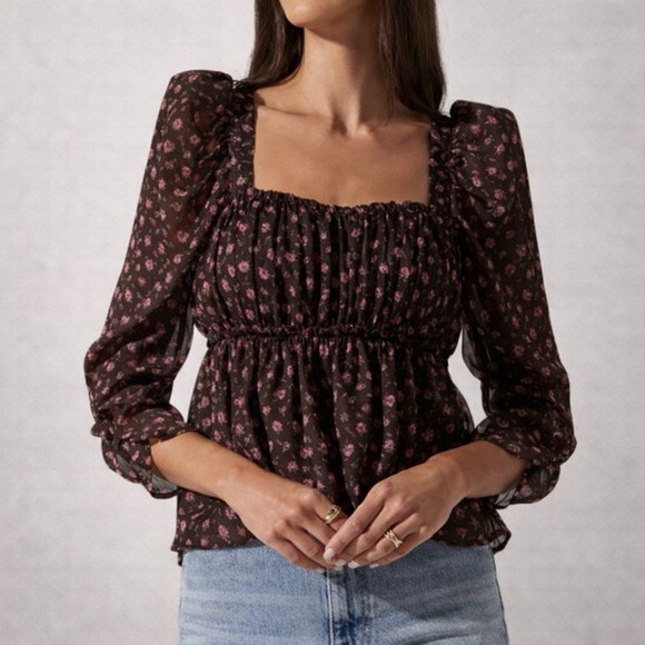 Astr Tops - Astr the Label Floral Smocked Top-XL, Puff Sleeve Boho Chic Blouse